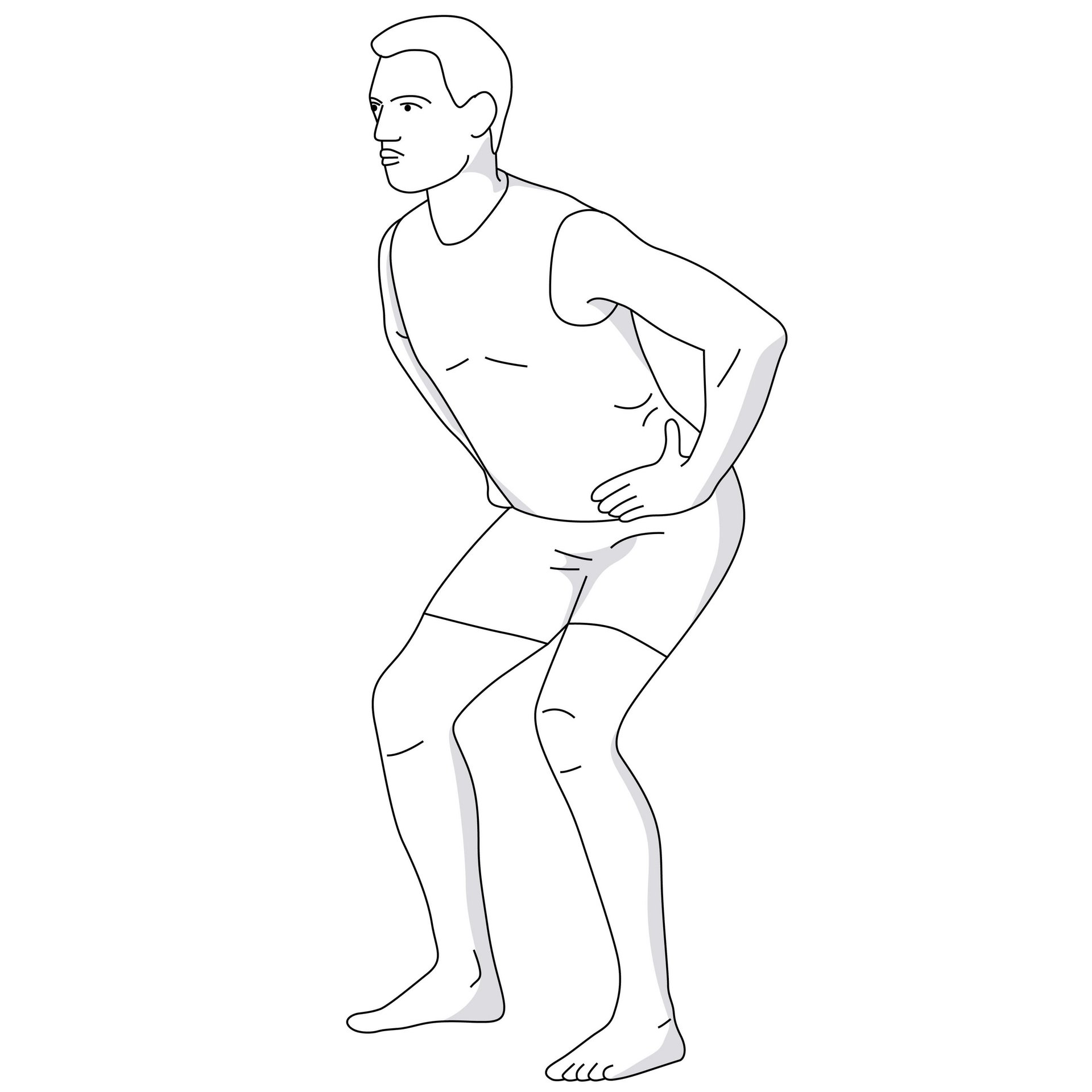Illustration der Knieübung "beidbeinige Kniebeuge". Bei der beidbeinigen Kniebeuge werden hintere und vordere Muskelketten gleichzeitig gekräftigt. Das gibt deinen Beinen mehr Stabilität. 