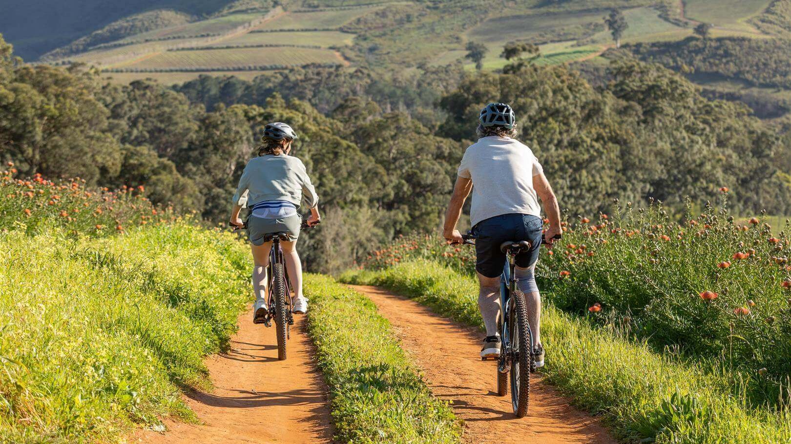 Abgebildet ist ein älteres Paar auf einer Radtour. Die Frau trägt eine LumboTrain Rückenbandage von Bauerfeind, um Kreuzschmerzen vorzubeugen, während sie unterwegs sind.