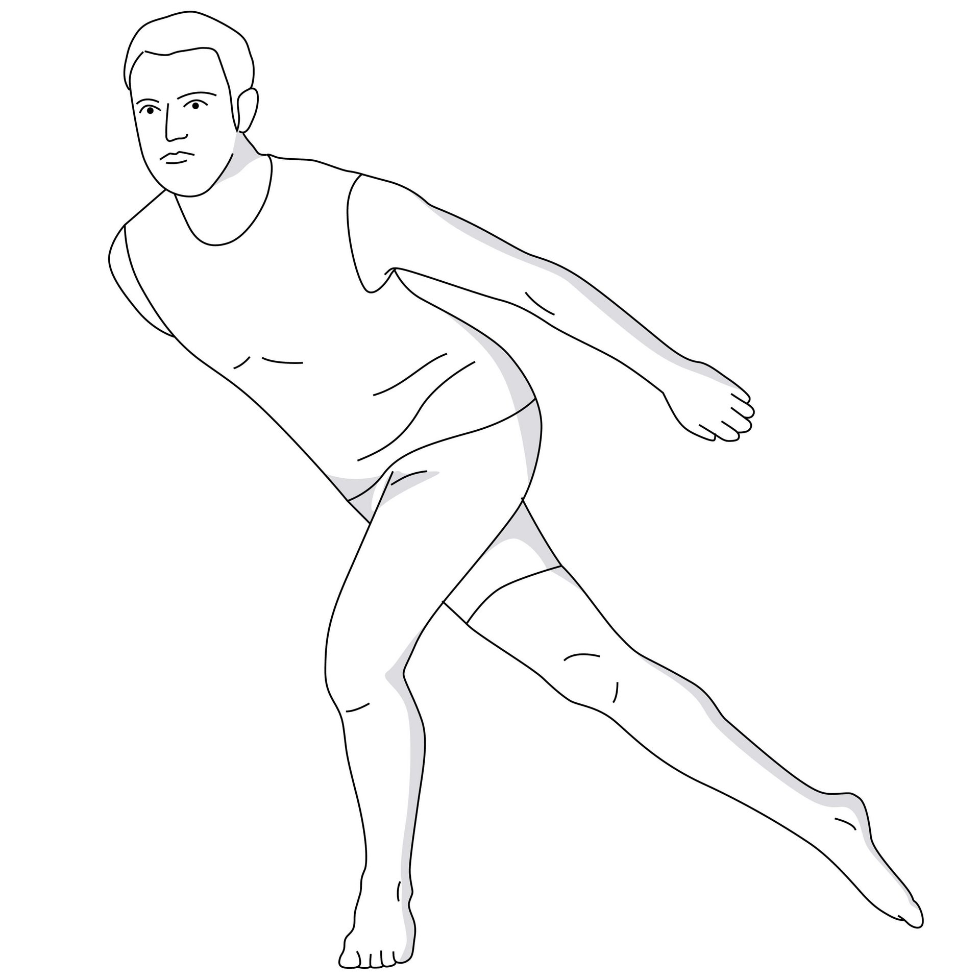 Mann in sportlicher Kleidung führt eine Übung im Stil eines Eisschnellläufers aus, um die Hüftmuskulatur zu stärken und die Stabilität zu fördern, in einem minimalistischen Raum.