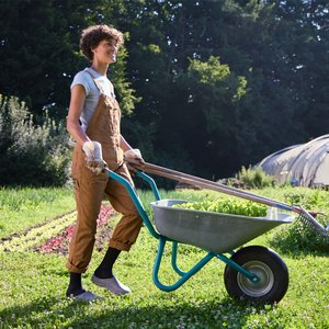 Frau in brauner Latzhose und Arbeitshandschuhen schiebt eine mit Pflanzen gefüllte Schubkarre durch einen Gemüsegarten.