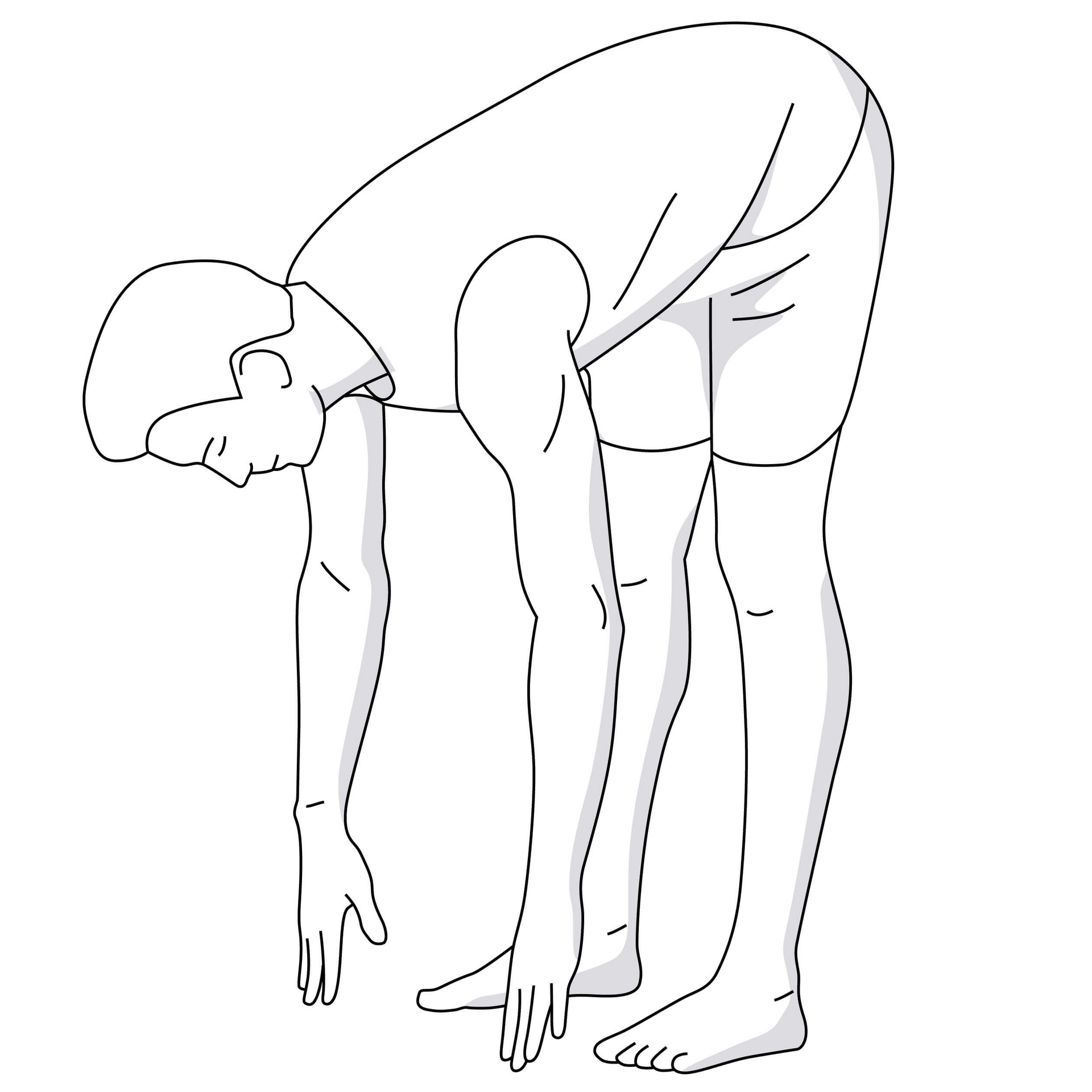 Illustration eines Mannes, der mit gestreckten Beinen aus dem Stand den Oberkörper nach vorne beugt und mit den Händen Richtung Boden reicht.