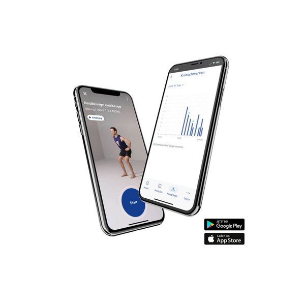 Abgebildet sind zwei Smartphones auf denen die Bauerfeind Therapie-App geöffnet ist. Die Bauerfeind Therapie-App ist eine kostenlose App die Übungen gegen Schmerzen bereitstellt.