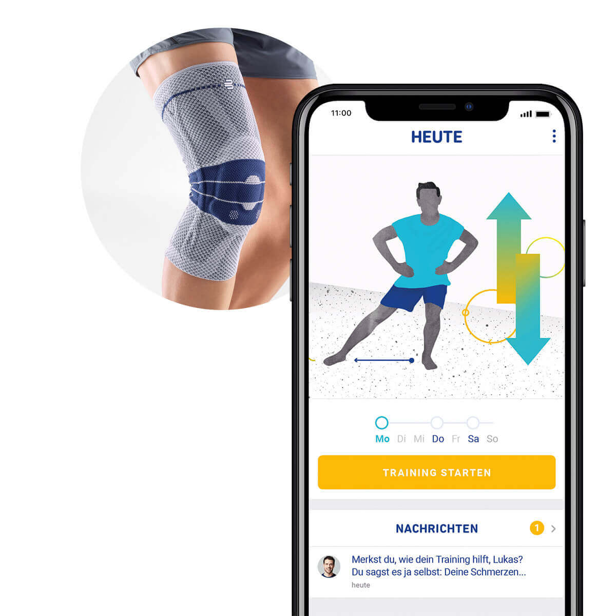 Darstellung der von Bauerfeind entwickelten Therapie-App mit Übungen für das Knie. Im Hintergrund ist die GenuTrain Kniebandage von Bauerfeind erkennbar.
