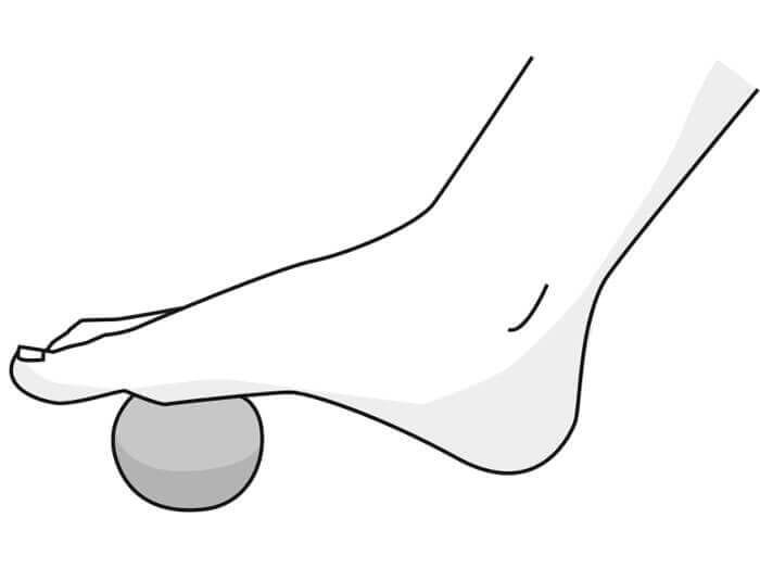 Darstellung einer Übung bei Fersenschmerzen. Dazu setzt man sich bequem auf einen Stuhl und rollt mit dem Fuß über eine kleine Flasche oder einen harten Gummi-Igel hin und her.