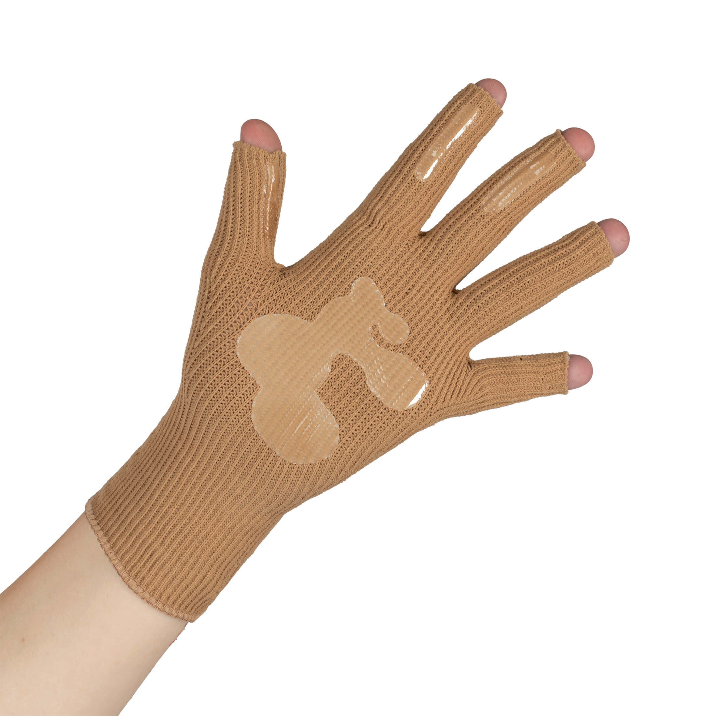 Beiger fingerloser Kompressionshandschuh mit rutschhemmenden Beschichtungen auf Handfläche und Fingern vor weissem Hintergrund.